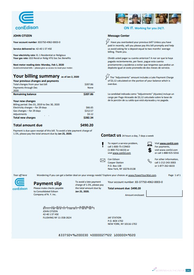 download download USA Con Edison electricity utility bill template in Word and PDF format PDF template PDF template